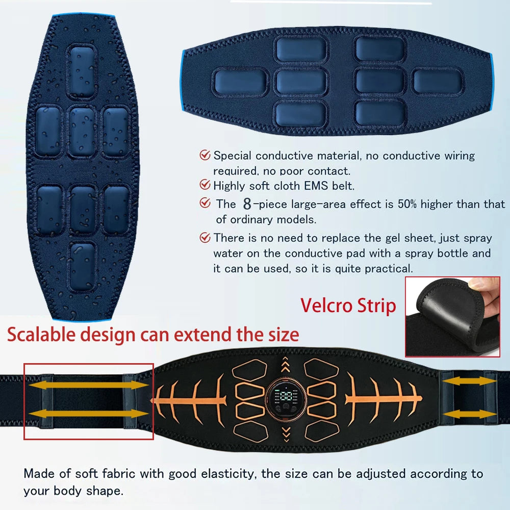 Muscle Toner Smart Abdominal Toning Belt EMS Muscle Stimulator Ab Trainer USB Charge Body Massager Weight Loss Fitness Equipment